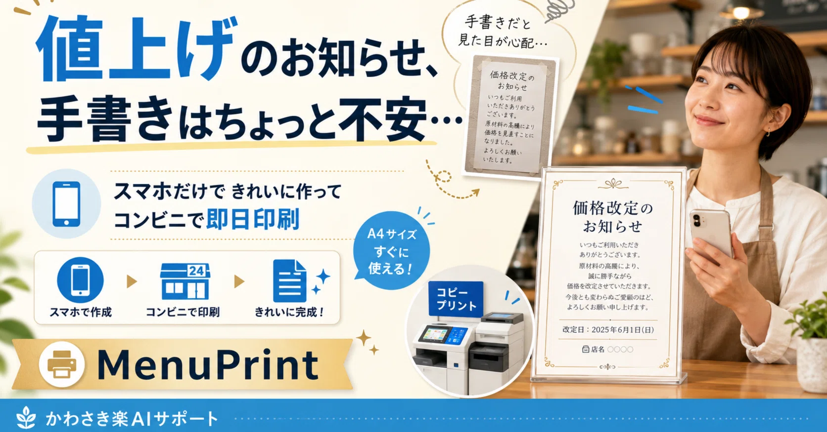 値上げのお知らせ、手書きはちょっと不安…。きれいな貼り紙をスマホ