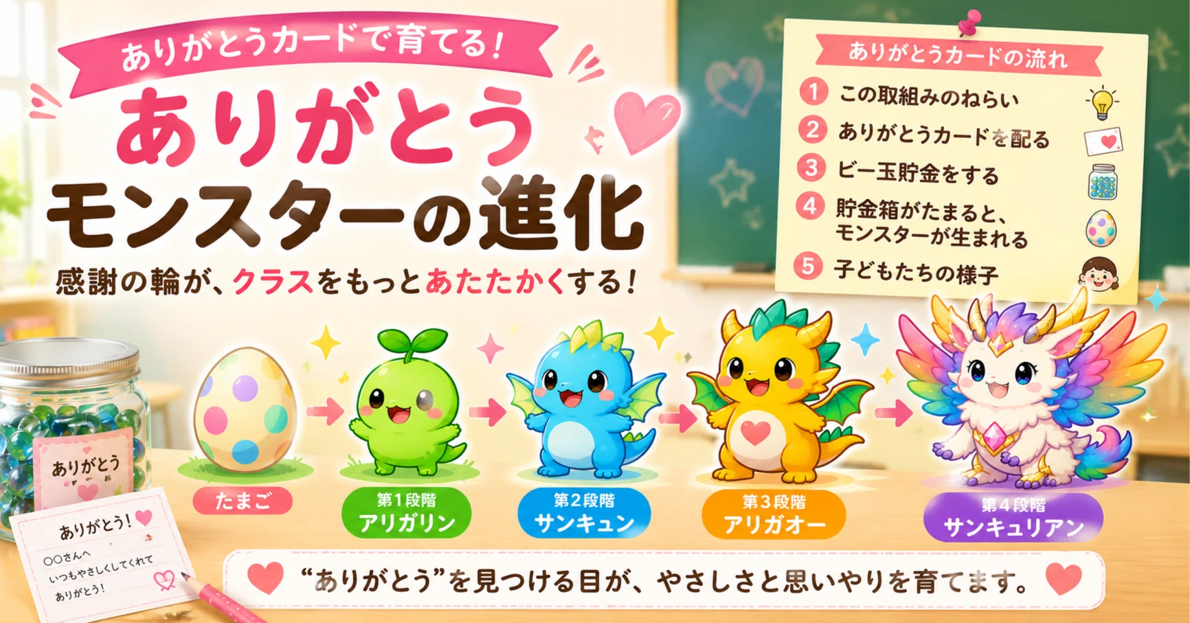 ありがとうカード×ビー玉貯金×モンスター育成で教室に笑顔が広がった 