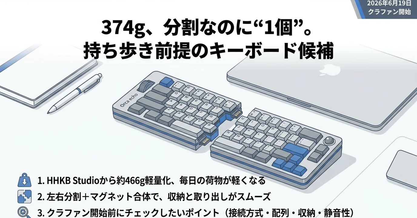 まだ触ってないのに欲しい。374gの分割キーボード「Orca echo」が気に