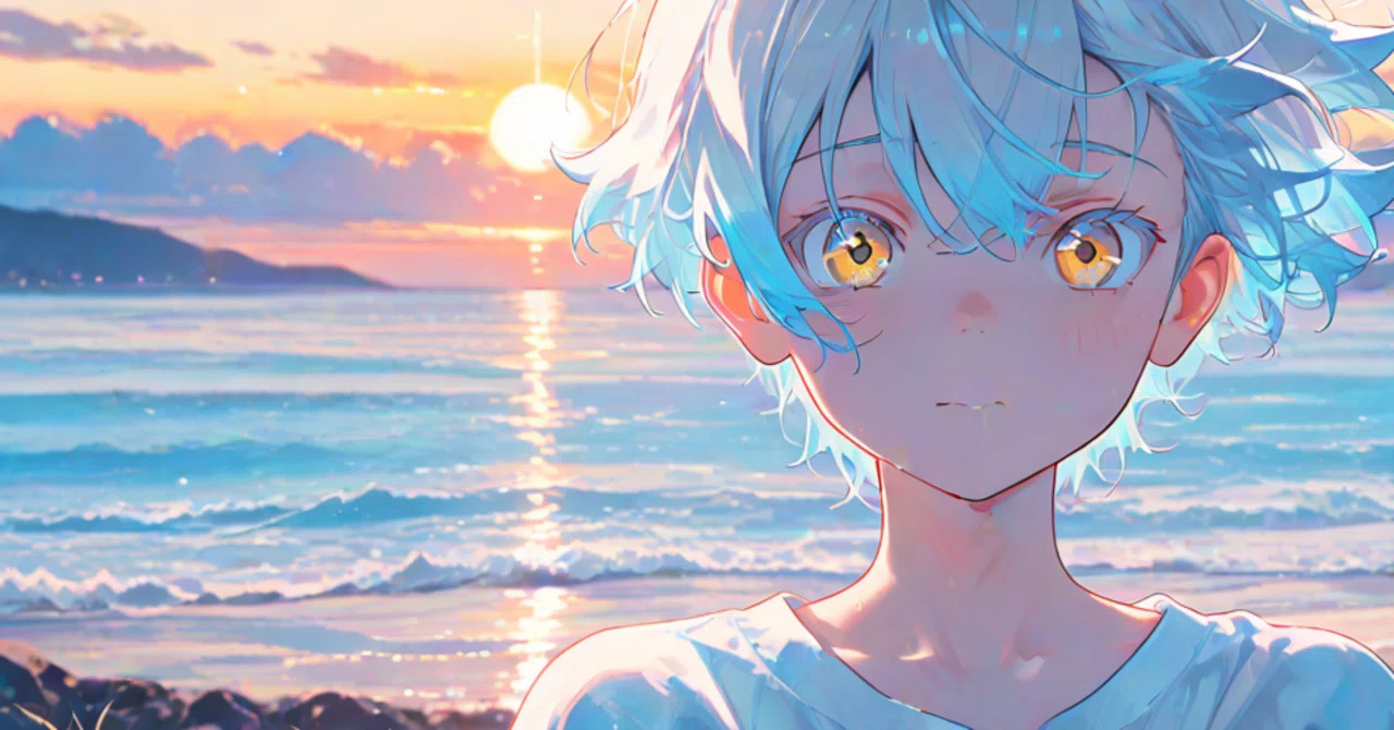 AIイラスト｜海と夕焼けと少年｜きいろ｜AIで日常を楽しく