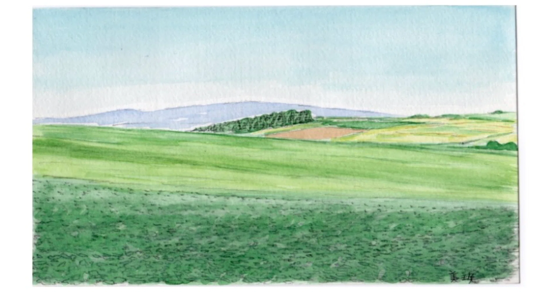 美瑛の丘シリーズ　水彩画 自然風景　サイズは四つ切画用紙 美瑛の丘、営みの風景｜気ままな山水彩 たけし