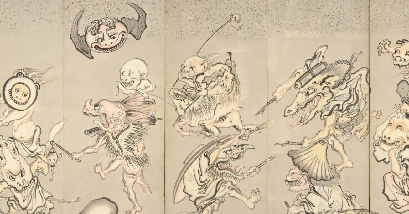 河鍋暁斎の世界」展出品作⑥暁斎《百鬼夜行図屏風》明治4-22年（1871