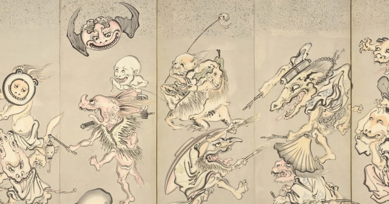 河鍋暁斎の世界」展出品作⑥暁斎《百鬼夜行図屏風》明治4-22年（1871