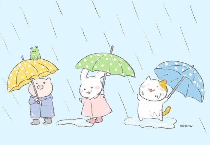 雨の日のおでかけ うさぎと猫とブタの梅雨ほっこりイラスト おちゃも Note
