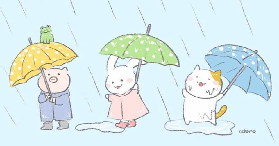 雨の日のおでかけ うさぎと猫とブタの梅雨ほっこりイラスト おちゃも イラストレーターお仕事募集中 Note