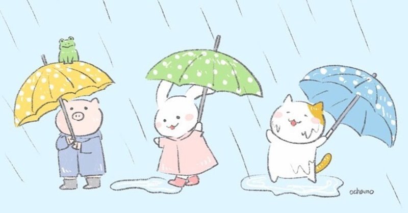 雨の日のおでかけ うさぎと猫とブタの梅雨ほっこりイラスト おちゃも イラストレーターハンドメイド作家 Note