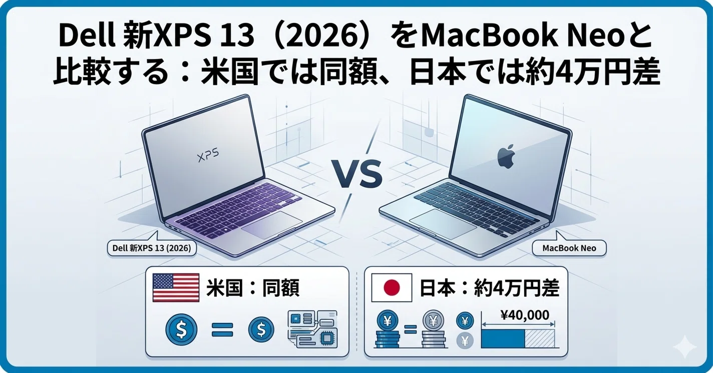 Dell 新XPS 13（2026）をMacBook Neoと比較する：米国では同額、日本