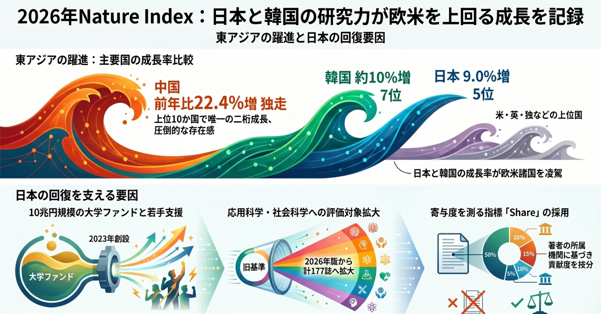 Nature Index 2026で日本と韓国の論文寄与の伸びが西洋諸国を上回る