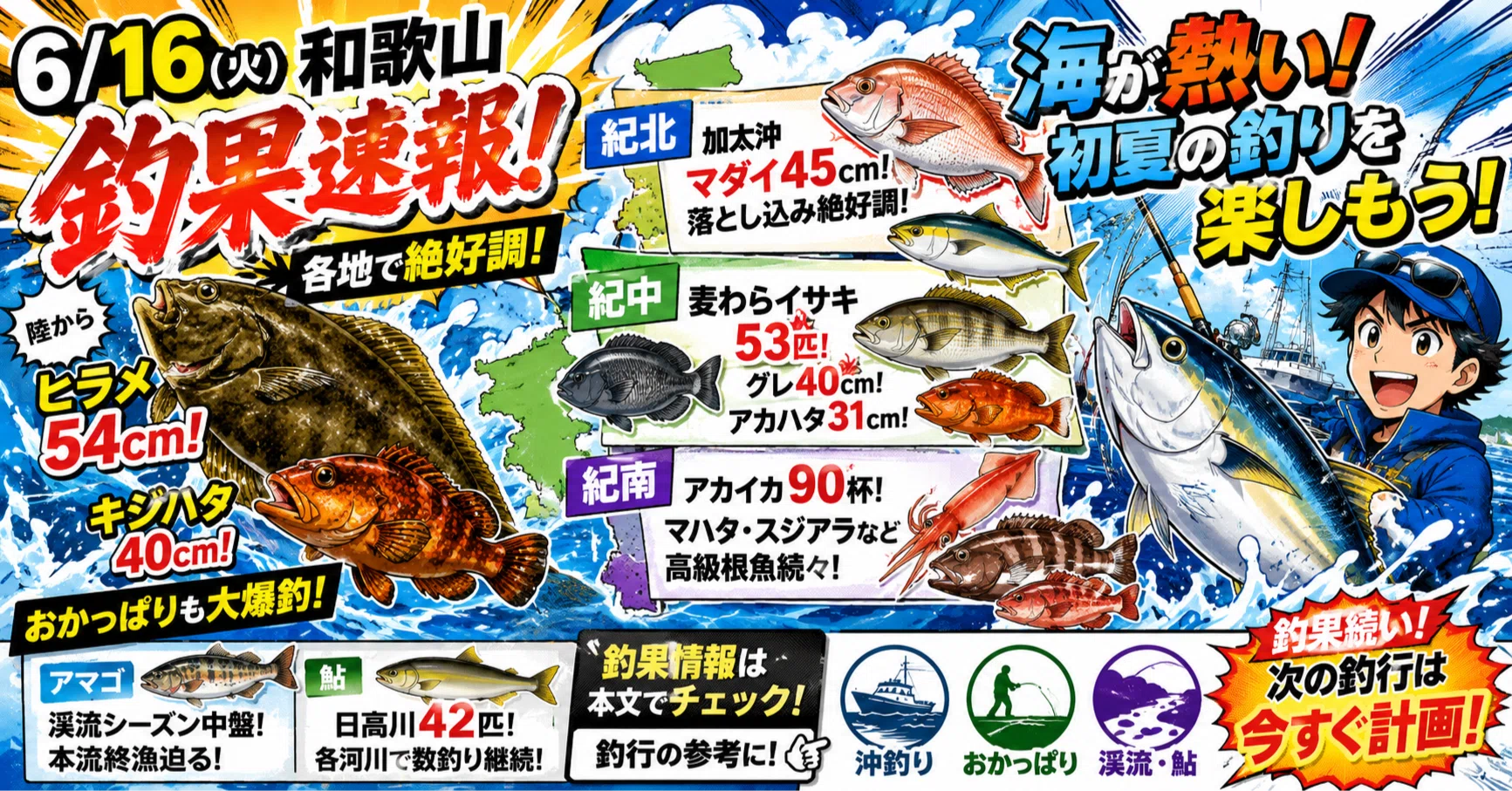 6/16 和歌山釣果】陸からヒラメ54cm・キジハタ40cm！沖は高級根魚