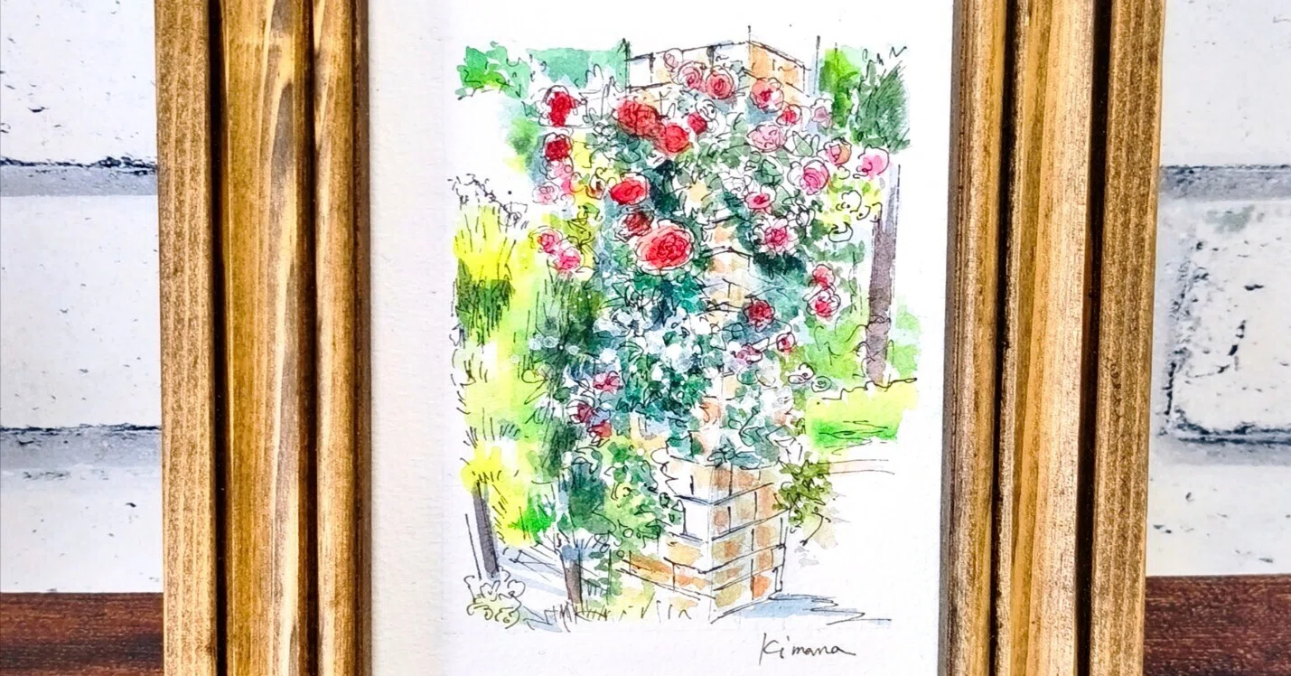 レンガがおしゃれ！バラ園で見つけた素敵な風景を透明水彩で描きました