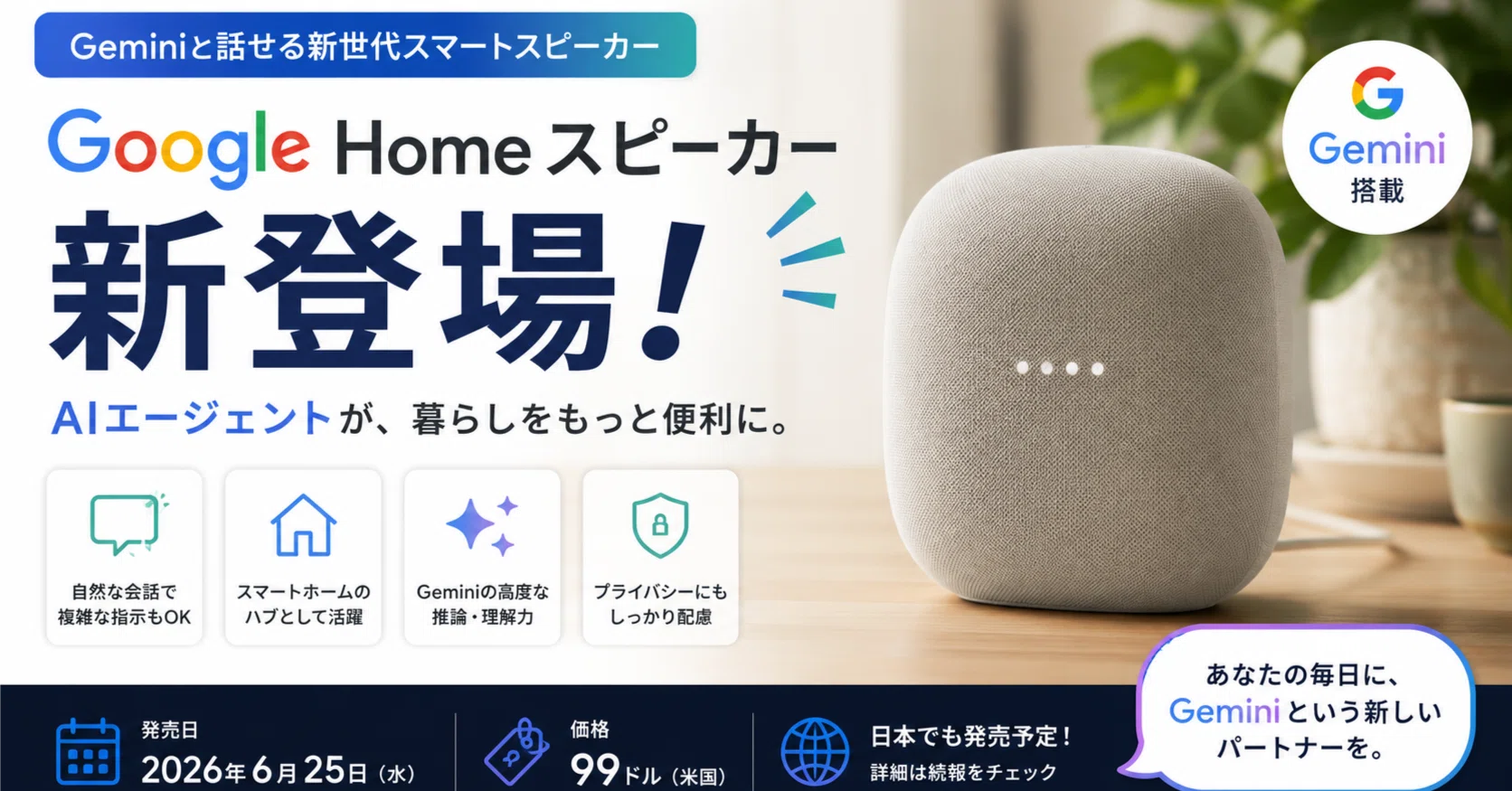 Google Gemini搭載の「Google Home スピーカー」が発売、他2026年6月18