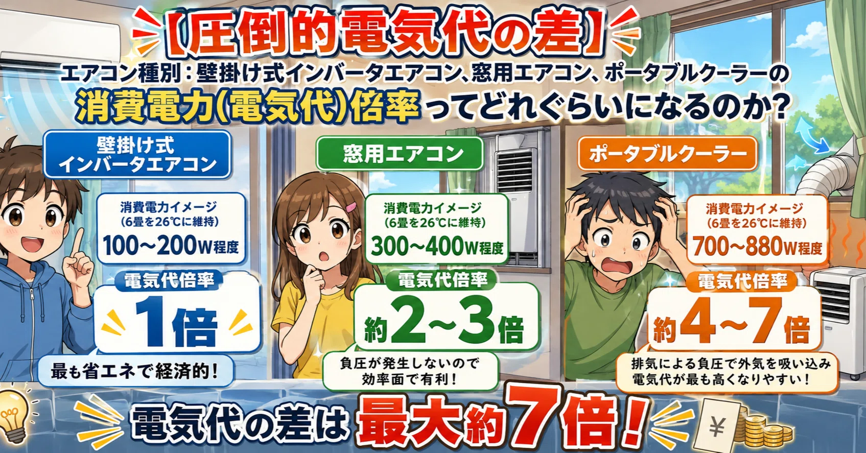 圧倒的電気代の差】エアコン種別：壁掛け式インバータエアコン、窓用