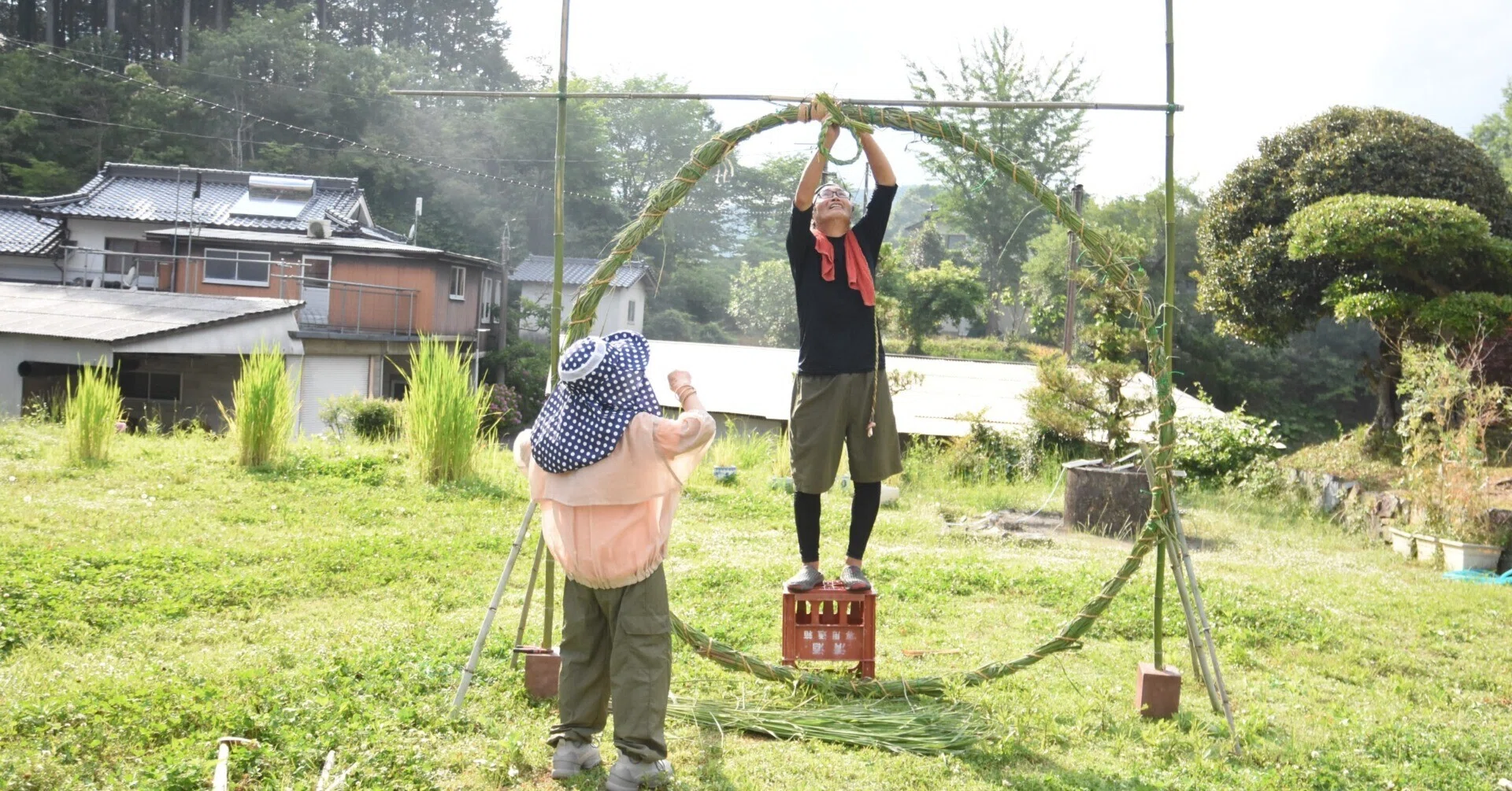 【akko】真菰茅の輪　夏越の祓え　茅の輪くぐり　マコモ　茅の輪　夏至 マコモ約500本で大きな茅の輪 津山・真菰セブン寿村が夏至祭を前に制作
