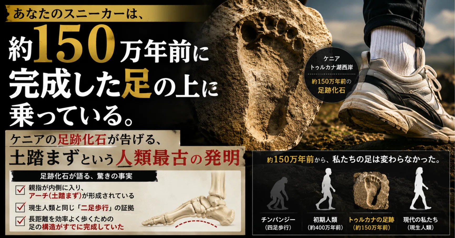 あなたのスニーカーは、約150万年前に完成した足の上に乗っている