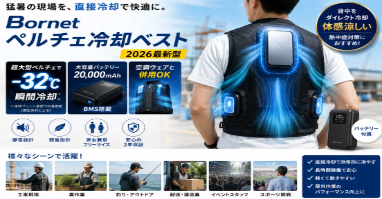 Bornet ペルチェ冷却ベスト レビュー2026】真夏の現場で背中が冷えると