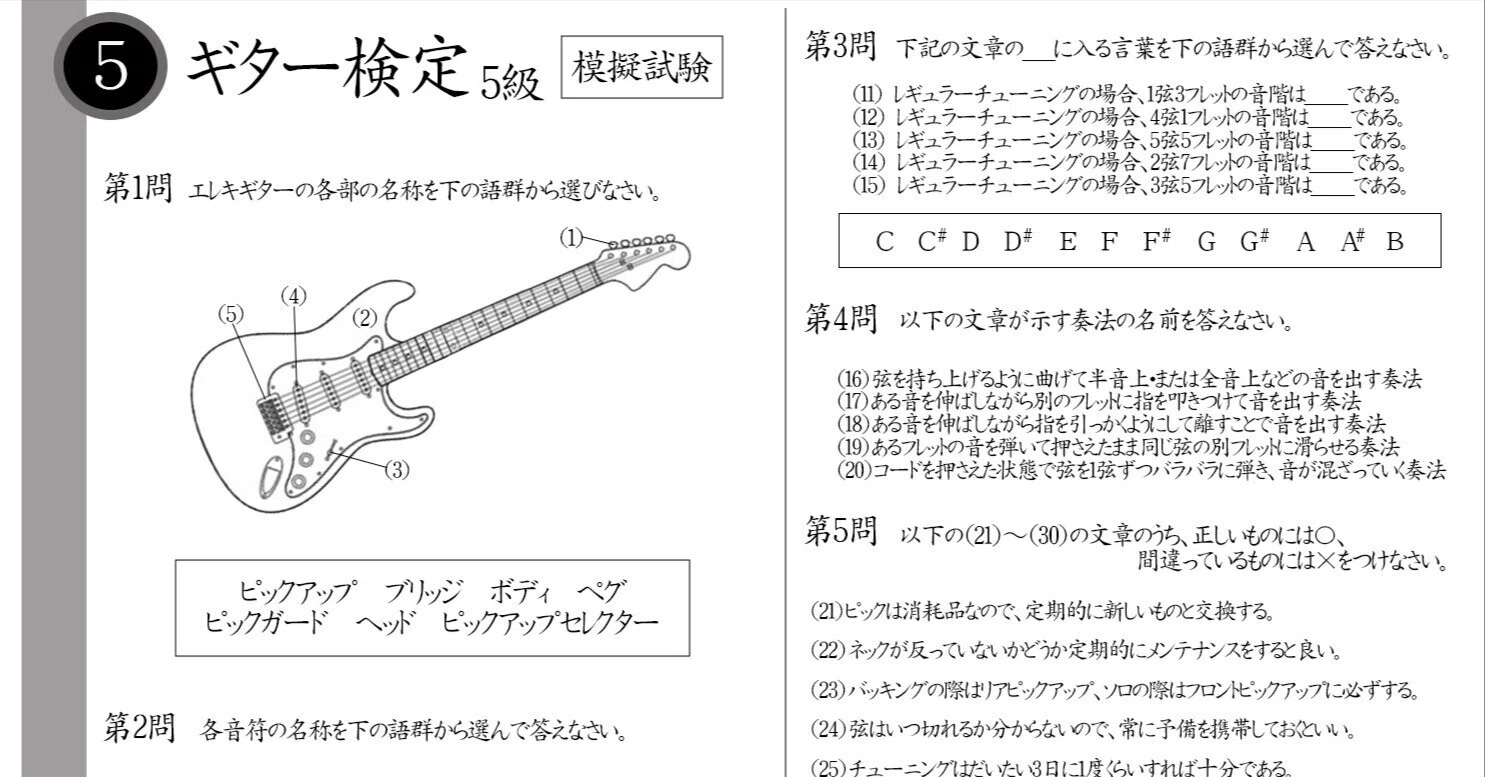 解説】ギター検定5級（初級者）模擬試験/日本音楽能力検定協会｜ongaku 