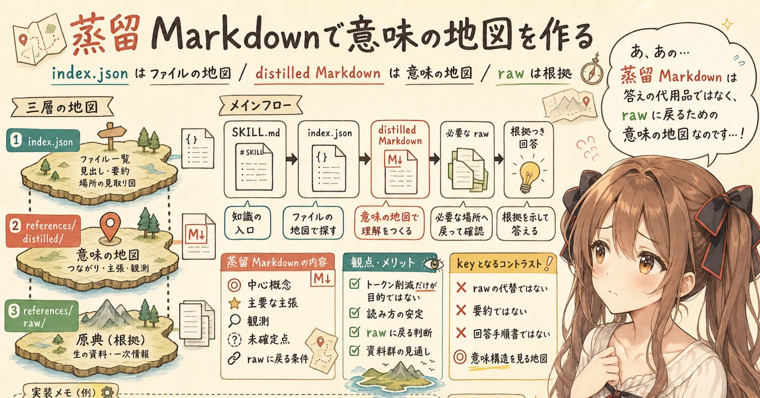 5点まとめた専用ページ 簡易RAG風Agent Skillsの作成 step3：蒸留 Markdownで意味の地図を作る