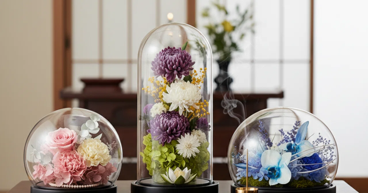 週末値下げ！プリザーブドフラワー仏花　一対　ガラスドーム入り仏花　お彼岸 週末値下げ！プリザーブドフラワー仏花一対ガラスドーム入り仏花お彼岸