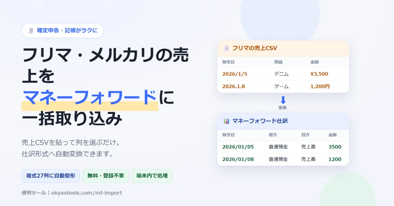 メルカリ・フリマの売上を、マネーフォワードに取り込む方法【CSV一括インポート】｜okyan