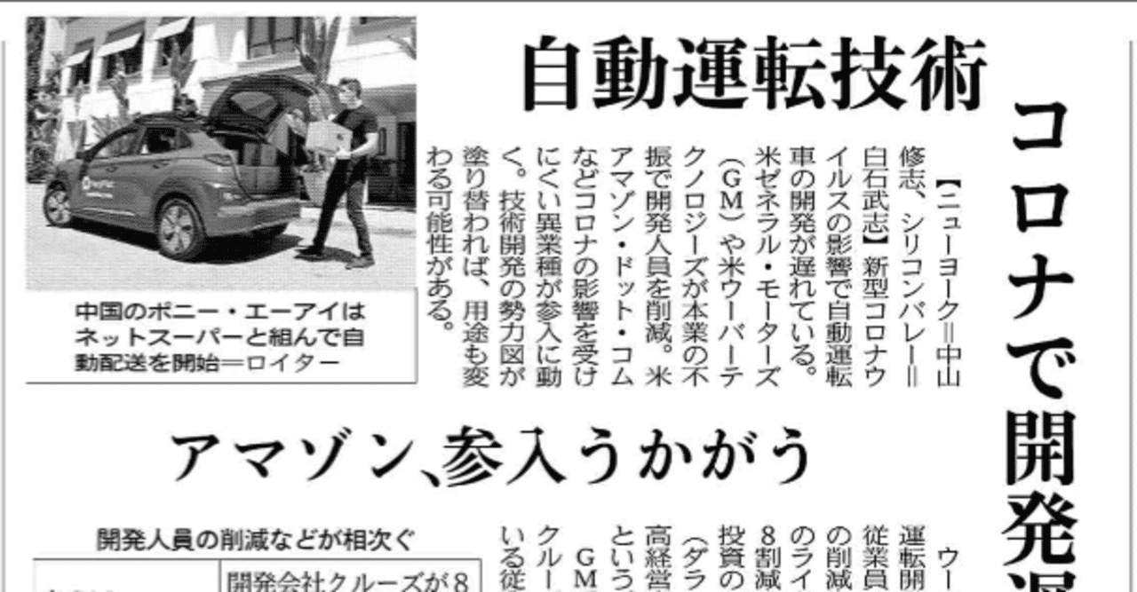 自動運転技術 コロナで開発遅れ 年6月21日日経朝刊より 日経 浅読み ガルシア渉 Note