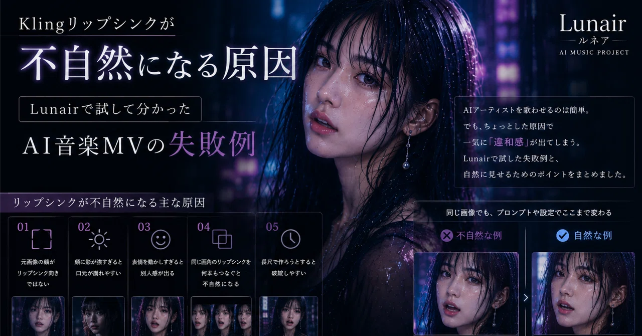 Klingリップシンクが不自然になる原因｜Lunairで試して分かったAI音楽MVの失敗例