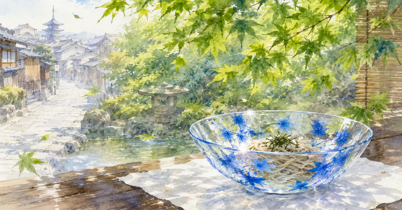 京絵付ガラス】八木海峰 海峰窯 めん鉢 青もみじ｜清水焼の絵付け技法