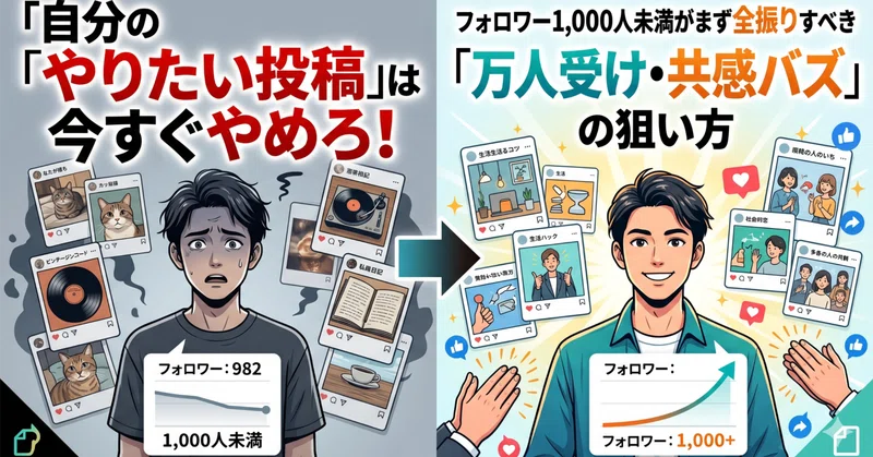 「自分のやりたい投稿」は今すぐやめろ！フォロワー1,000人未満がまず全振りすべき「万人受け・共感バズ」の狙い方
