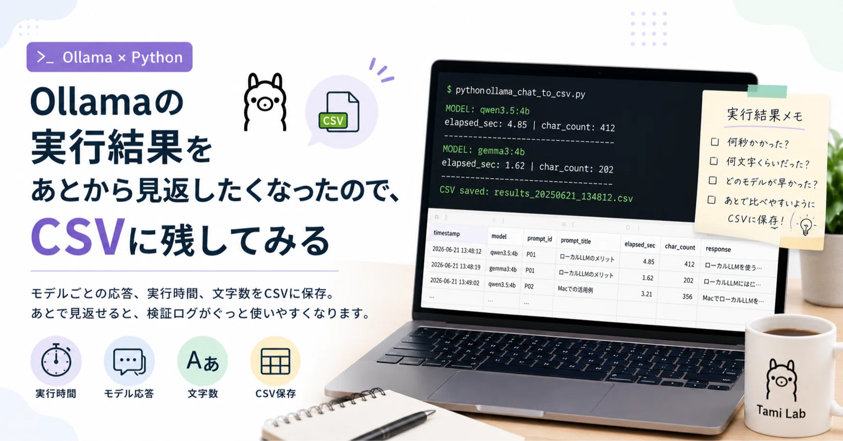 Ollamaの実行結果をあとから見返したくなったので、CSVに残してみる｜Tami