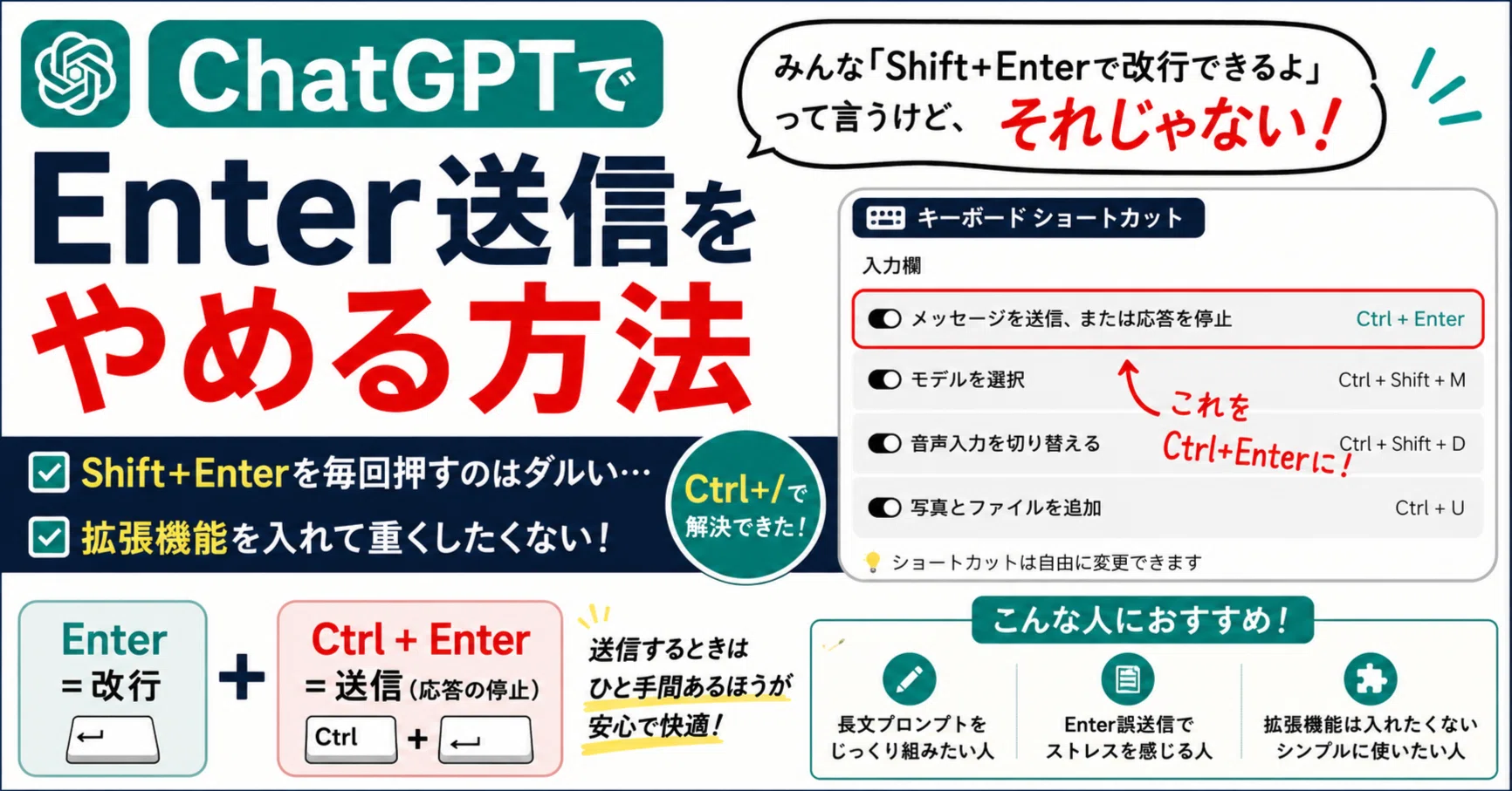ChatGPTでEnter送信をやめる方法｜Shift＋Enterも拡張機能も不要