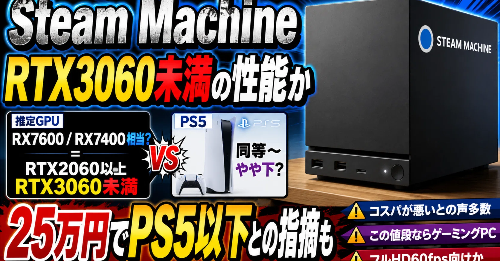 ?【Steam Machine】RTX3060未満の性能か 25万円でPS5以下との指摘も 