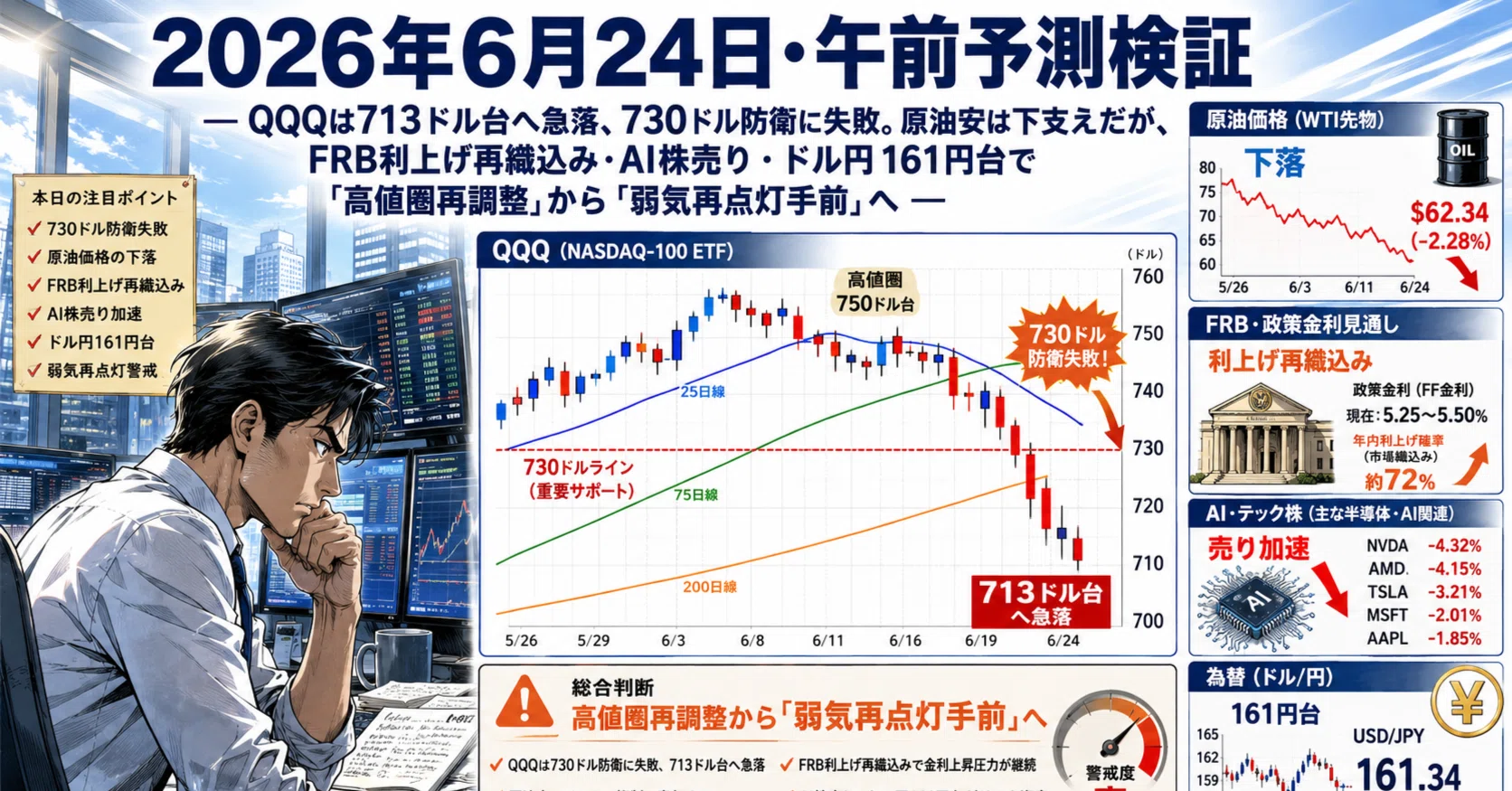 2026年6月24日・午前予測検証― QQQは713ドル台へ急落、730ドル防衛に