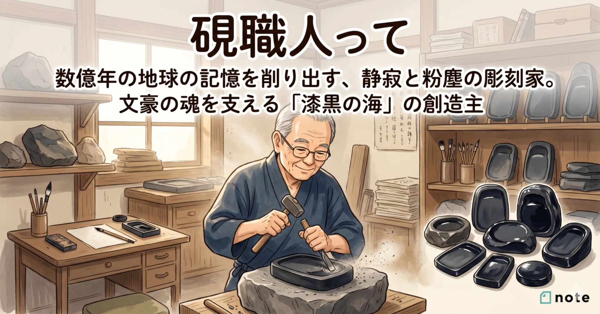 硯職人｜数億年の地球の記憶を削り出す、静寂と粉塵の彫刻家。文豪の魂 