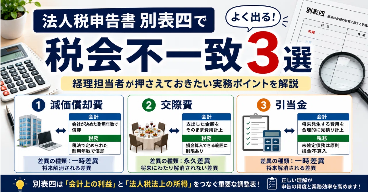 法人税申告書別表四でよく出る税会不一致3選｜経理担当者が押さえて