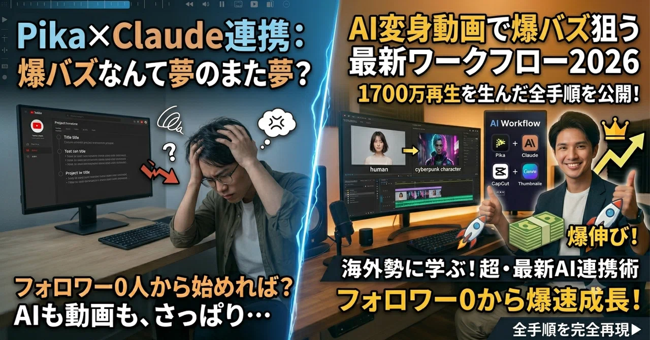 1700万再生を生んだ"AI変身動画"の全手順を公開【Pika×Claude連携・フォロワー0から爆バズを狙う最新ワークフロー2026】