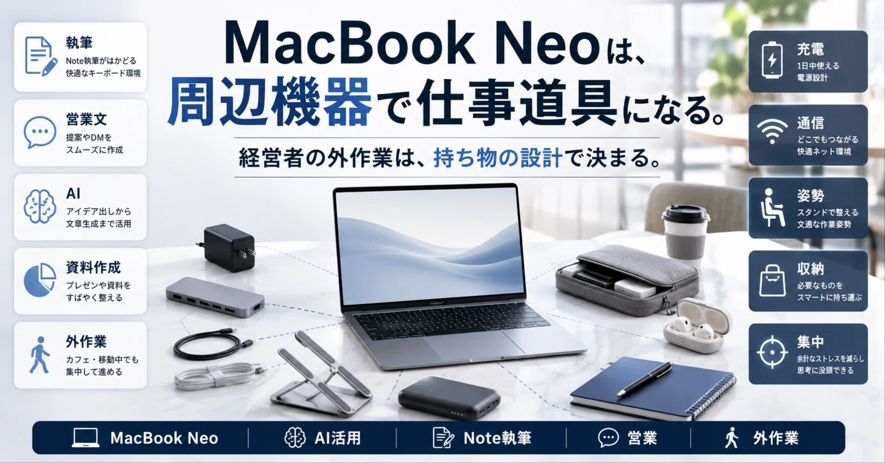 僕がMacBook Neoで使っている周辺機器。経営者の外作業は、Mac本体より 