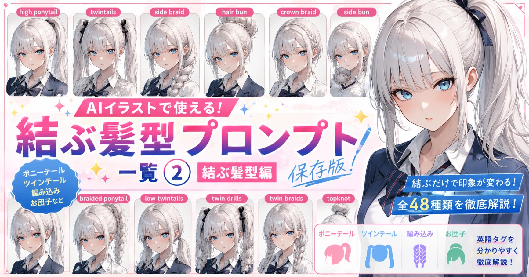 結ぶ髪型編】AIイラスト髪型プロンプト一覧②｜ポニーテール