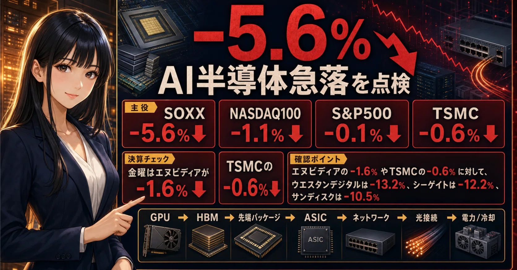 SOXX-5.6%】AIメモリ相場は終わったのか…？WDC・STX・SNDK急落→需要と