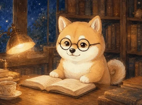 夜の書斎でにっこりする柴犬の画像
