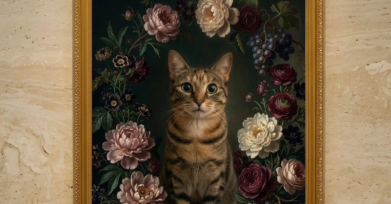 「猫と花」日本画風 猫図 花卉 装飾画 額装 油彩風 アート作品 #366-1 猫の花の油絵風アート額装プリントができました！｜うちの子ルネサンス