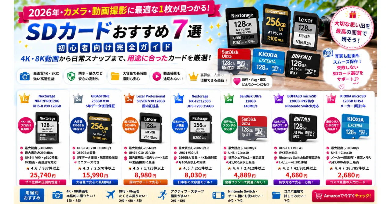 SDカードおすすめ7選【2026年・カメラ・動画撮影用完全ガイド】｜まめ