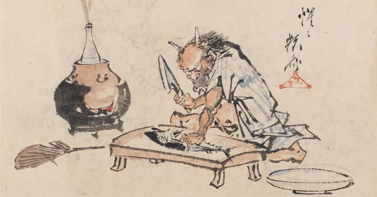 河鍋暁斎の世界」展出品作⑱ 暁斎《酒のツマミに鰹を準備する鬼》慶応