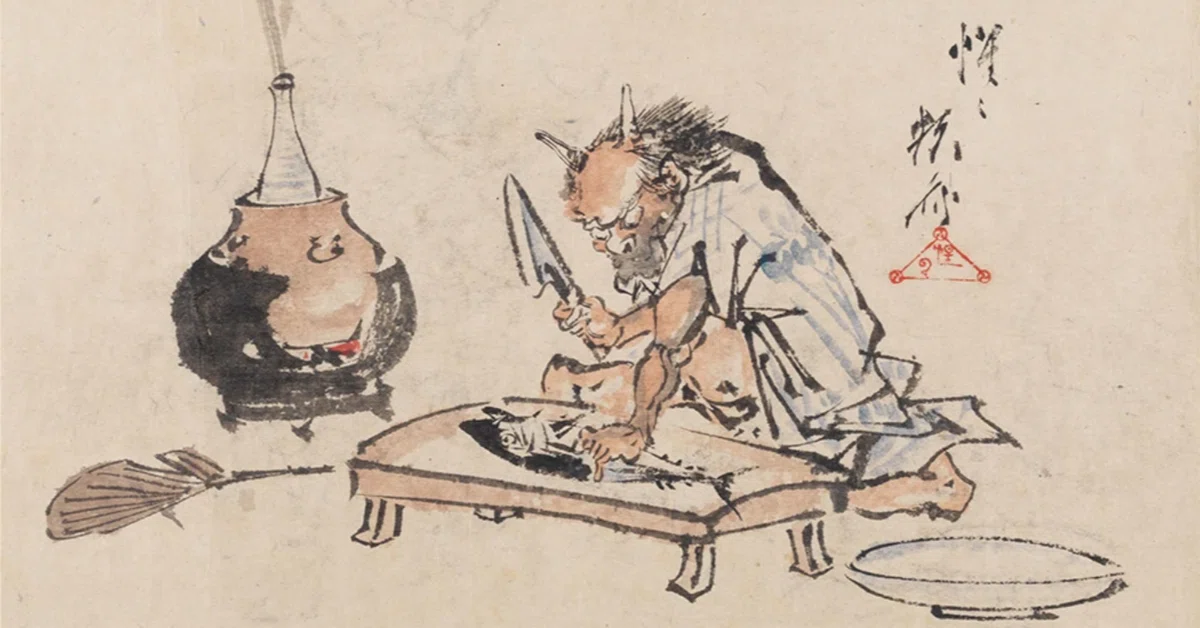 河鍋暁斎の世界」展出品作⑱ 暁斎《酒のツマミに鰹を準備する鬼》慶応