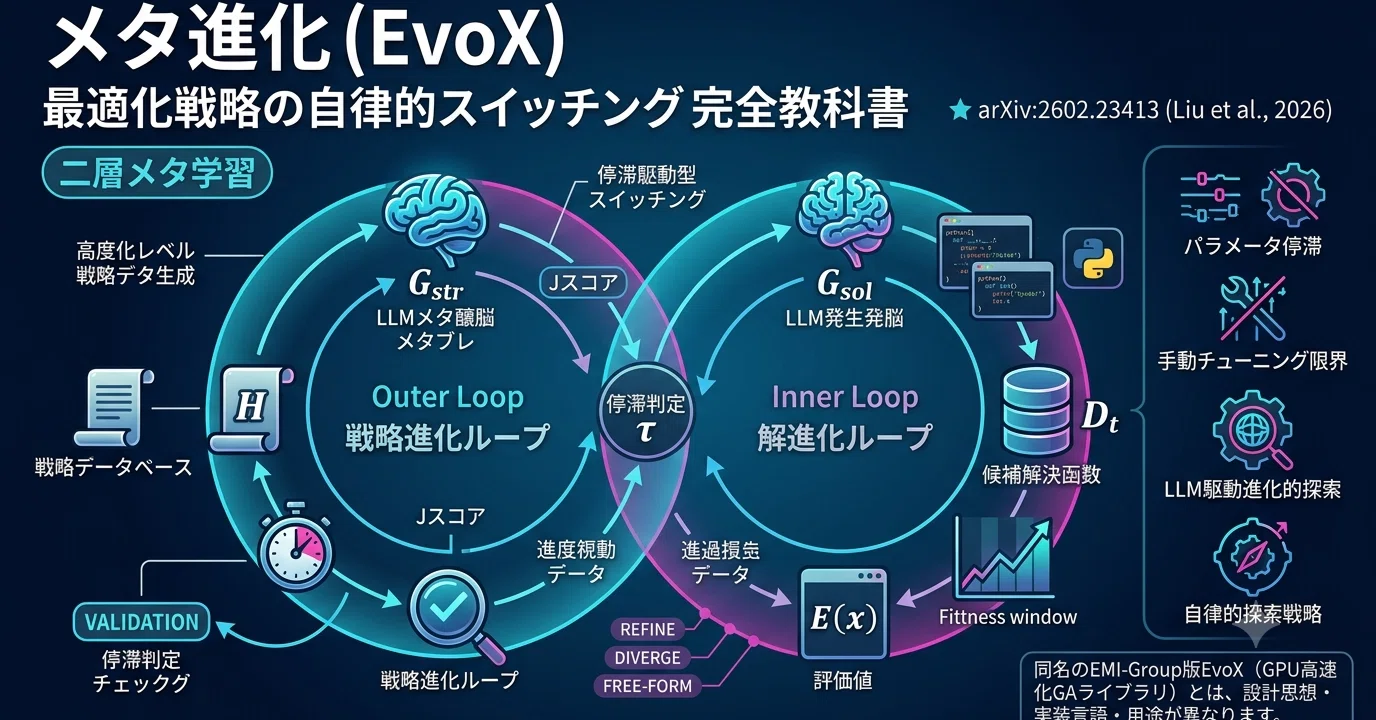 メタ進化（EvoX）：最適化戦略の自律的スイッチング 完全教科書