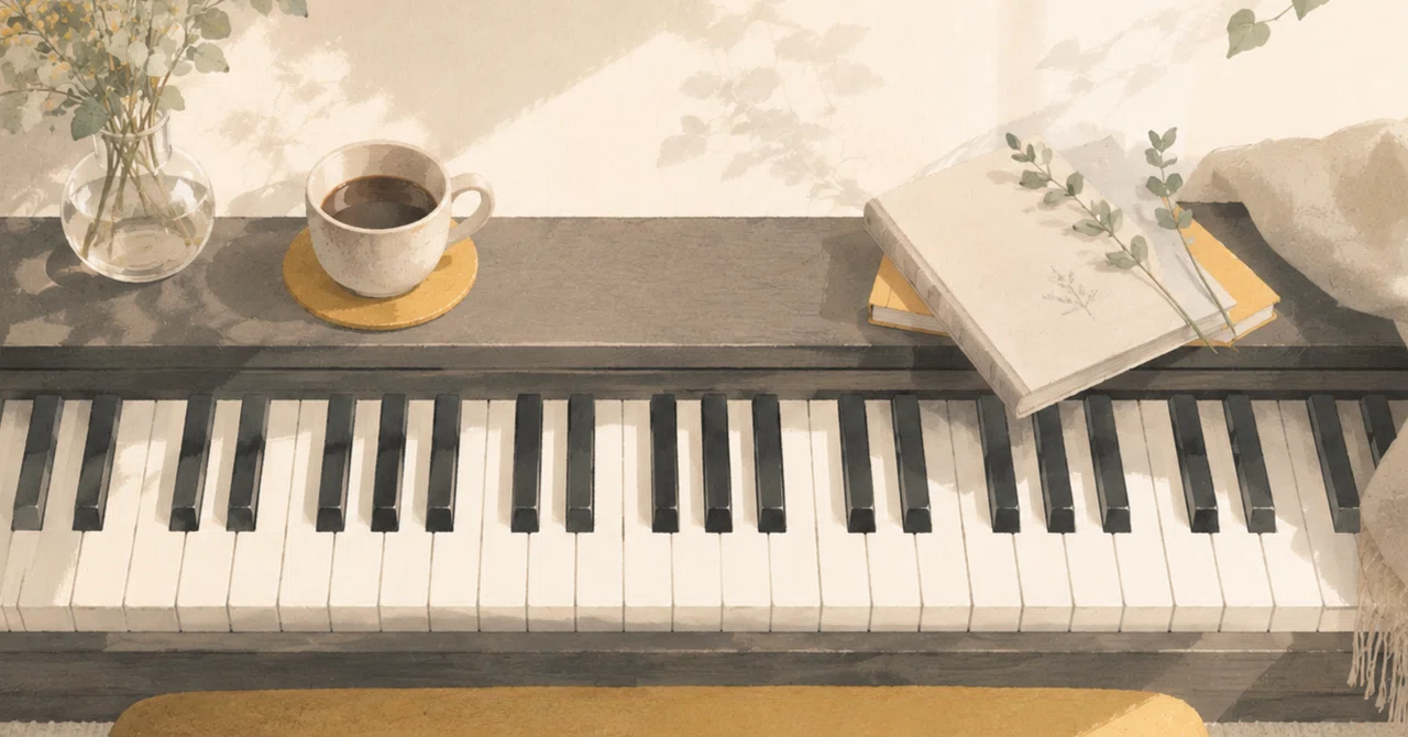ピアノと窓辺の光の水彩イラスト