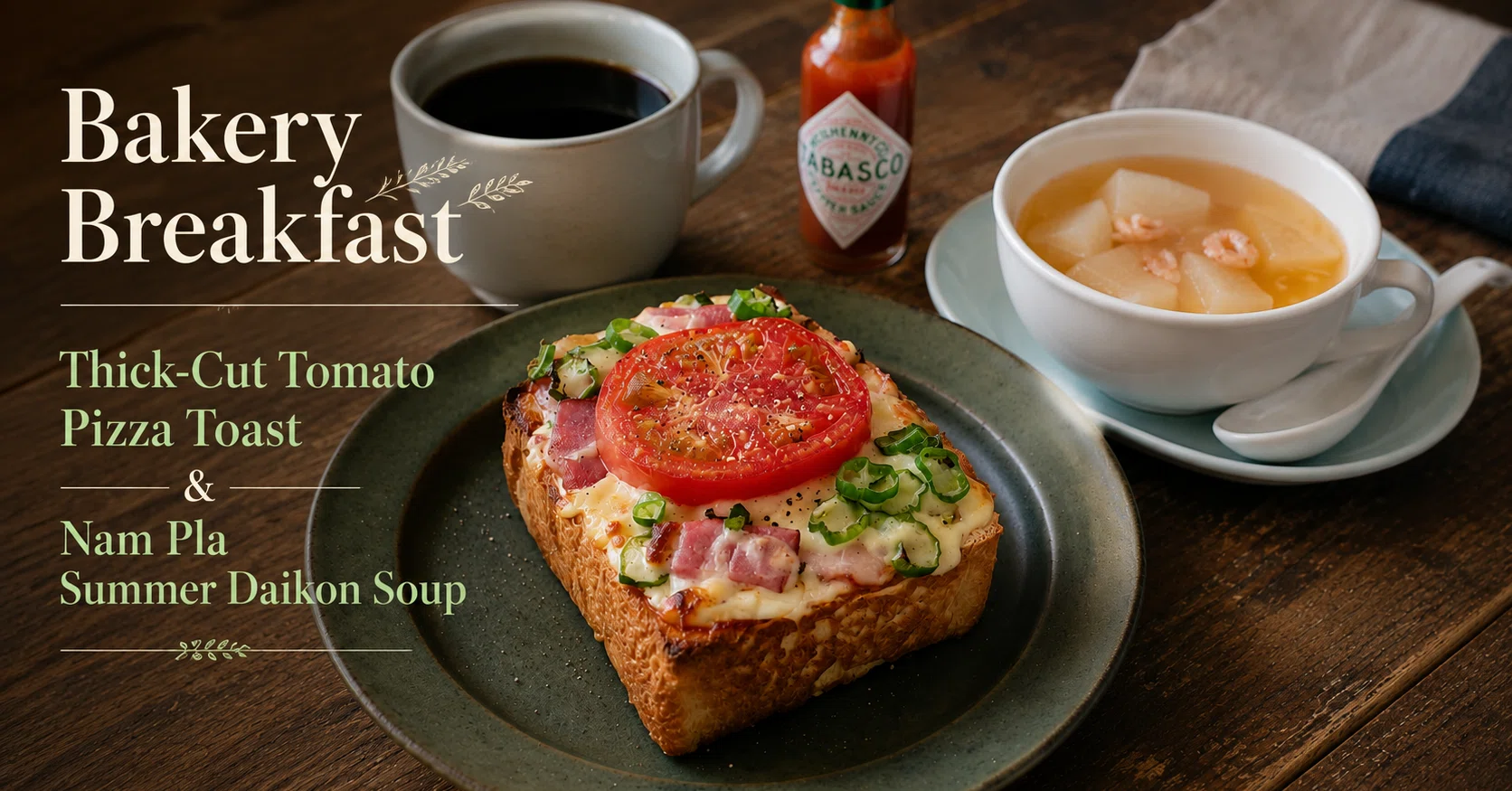 パン屋の朝ごはん／トマトの厚切りピザトーストとナンプラーの夏大根