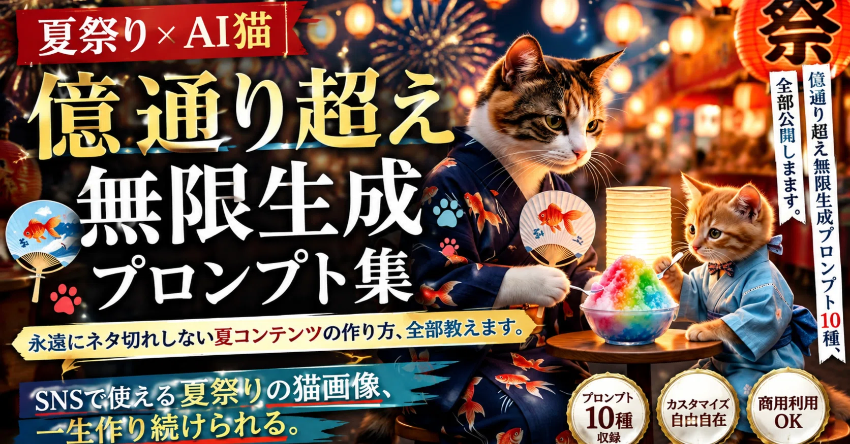 新作出ました。夏祭りの猫画像、一生作り続けられるプロンプト集を公開