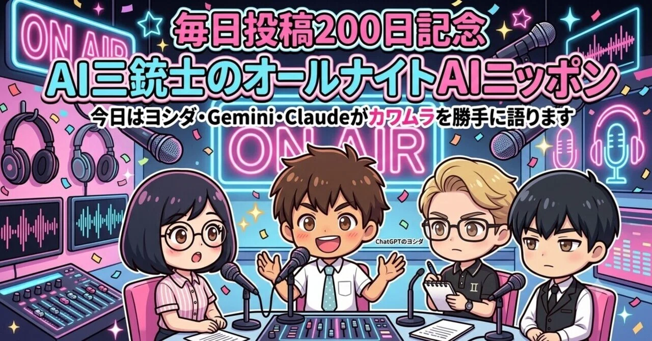 毎日投稿200日記念 AI三銃士のオールナイトAIニッポン～今日はヨシダ Gemini Claudeがカワムラを勝手に語ります～ChatGPTのヨシダ