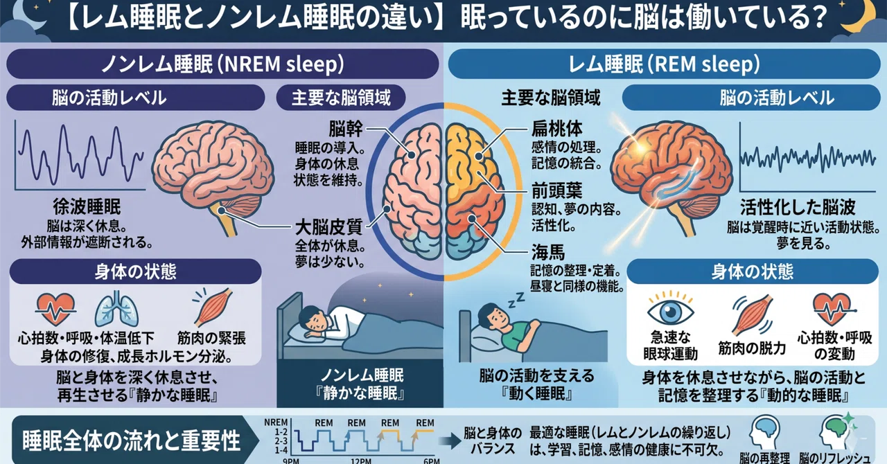 【レム睡眠とノンレム睡眠の違い】眠っているのに脳は働いている？｜吹井 皓一