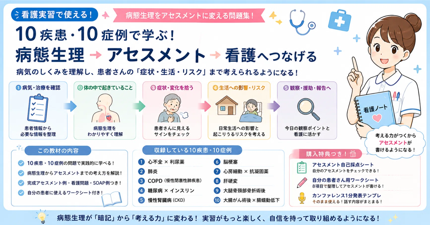看護実習で使える】🧠 病態生理をアセスメントに変える問題集10疾患