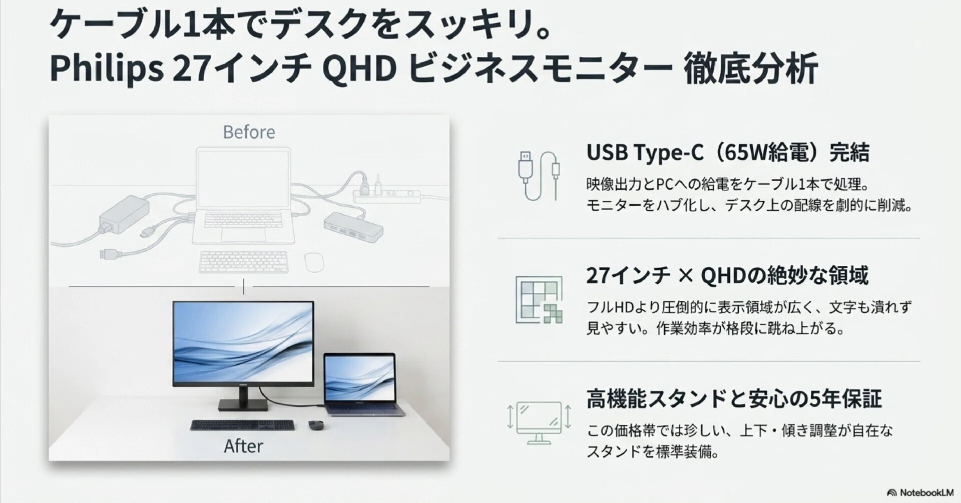 PHILIPS 27E1N2600AE/11レビュー｜Type-C給電＆QHDで2万円台の最強仕事